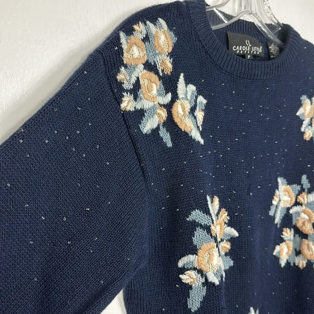 Carole Little Petites Vintage Floral Embroidery Beaded Pullover Sweater Size P